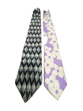 Lot of 2 Men's Neckties: Honors Black and Grey Geometric Pattern and Lavender Fl